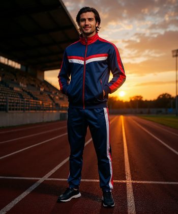 Man standing on a track in The '88 Mens Tracksuit Pakistan at sunset.