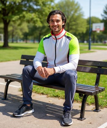 Man sitting on a park bench wearing the white and green Voltage Men's Tracksuit Pakistan.