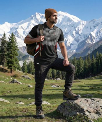 A male hiker standing in a scenic mountainous landscape wearing the Havoc sublimated polo shirt with a black and grey dot pattern and red accents.