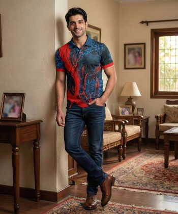 A male model wearing the Adrenaline sublimated polo shirt featuring a striking red, blue, and black abstract pattern, standing indoors.