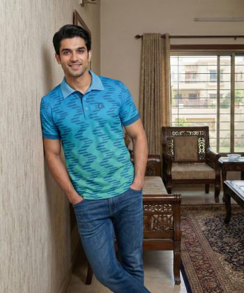 Amplitude Sublimated Polo Shirt men blue teal gradient geometric chevron all-over print dry-fit Lycra Mesh fabric