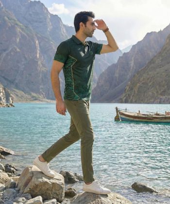 Mycelium Sublimated Polo Shirt men, front view, full green black gradient design gold piping 4-way stretch performance Lycra Mesh material all over print Half sleeve