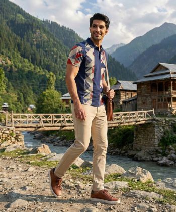 Rift Sublimated Polo Shirt men, front view, full geometric print design 4-way stretch performance Lycra Mesh material all over print Half sleeve