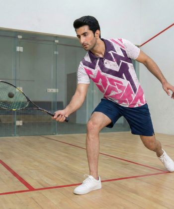 Rosado Sublimated Polo Shirt men, front view, full pink purple geometric print 4-way stretch performance Lycra Mesh material all over print polo Half sleeve