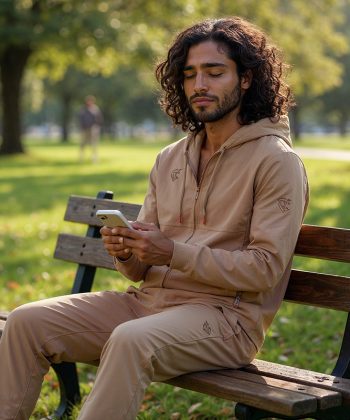 Man sitting on bench in Off-Pitch beige mens zip up hoodie pakistan