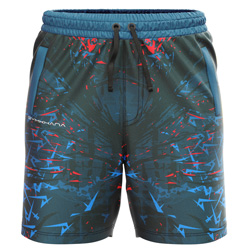 Adrenaline Sublimated Shorts for men, front view, showing the full red and blue abstract print on 4-way stretch performance Lycra Mesh.