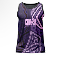 Codex Sublimated Gym Vest for men, back view, showing the full purple and pink tribal-geometric print on 4-way stretch performance Lycra Mesh.