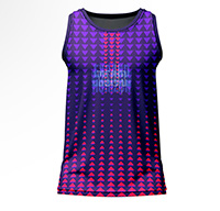 Fuchsia Sublimated Gym Vest for men, front view, showing the full purple and pink geometric triangle print on 4-way stretch performance Lycra Mesh.