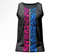 Haka Sublimated Gym Vest for men, front view, featuring a black tribal print with bold pink and blue vertical stripes on dry-fit Lycra Mesh.