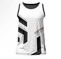 Kubic Sublimated Gym Vest for men, back view, showing the full white and black geometric print on 4-way stretch performance Lycra Mesh.