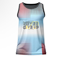 Momentum "Never Give Up" Sublimated Gym Vest for men, front view, with a blue, red, and black graphic print on dry-fit Lycra Mesh.