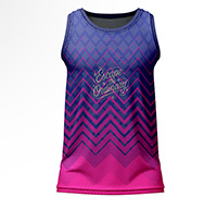 Pixel "Escape the Ordinary" Sublimated Gym Vest for men, front view, with a blue to pink chevron gradient print on dry-fit Lycra Mesh.