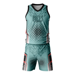 Circuit Sublimated Twinset front view, showing vest and shorts with a teal and black halftone print on dry-fit Lycra Mesh.