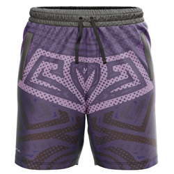 Codex all over print Sublimated Shorts for men, front view, with a purple and pink tribal print and Gymkhana logo on dry-fit Lycra Mesh.