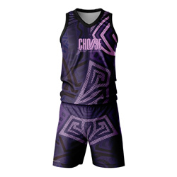Codex "Choose Your Path" Sublimated Twinset front view, showing the purple tribal print vest and shorts on dry-fit Lycra Mesh.