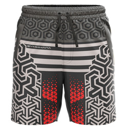 Crimson all over print Sublimated Shorts for men, front view, with a black and grey geometric print, red accents, and Gymkhana logo on dry-fit Lycra Mesh.