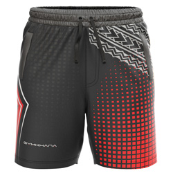 Deco all over print Sublimated Shorts for men, front view, showing the full tribal print and red halftone gradient on 4-way stretch performance Lycra Mesh.