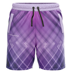 Echelon all over print Sublimated Shorts for men, front view, showing the full purple-to-blue geometric gradient print on 4-way stretch performance Lycra Mesh.