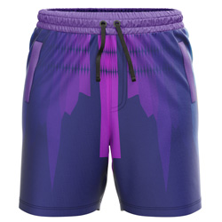 Freakuency all over print Sublimated Shorts for men, front view, showing the Gymkhana logo and full blue/purple gradient on 4-way stretch performance Lycra Mesh.