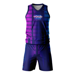 Freakuency "Create Your Own Future" Sublimated Twinset front view, showing vest and shorts with a purple and blue gradient print on dry-fit Lycra Mesh.