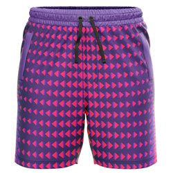Fuchsia all over print Sublimated Shorts for men, front view, showing the Gymkhana logo and full triangle gradient on 4-way stretch performance Lycra Mesh.