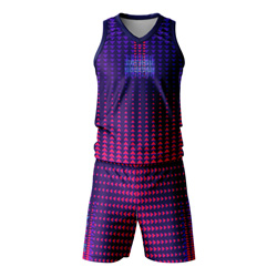 Fuchsia "Find Your Motion" Sublimated Twinset front view, showing the purple, pink, and blue triangle print vest and shorts on dry-fit Lycra Mesh.