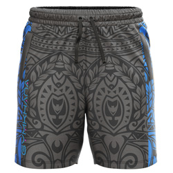 Haka all over print Sublimated Shorts for men, front view, with a black tonal tribal print and blue 'Gymkhana' logo stripe on dry-fit Lycra Mesh.