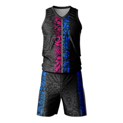 Haka Sublimated Twinset front view, showing the black, pink, and blue tribal print vest and shorts on dry-fit Lycra Mesh.