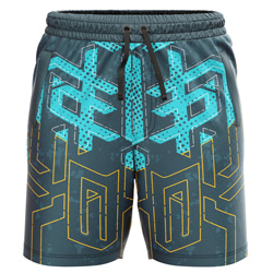 Halcyon all over print Sublimated Shorts for men, front view, showing the Gymkhana logo and full tech-wear print on 4-way stretch performance Lycra Mesh.