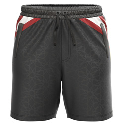 Havoc Sublimated Shorts for men, front view, all over print red and white side panel accents on 4-way stretch performance Lycra Mesh.