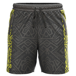 Hazard all over print Sublimated Shorts for men, front view, with a black tonal print and yellow 'Gymkhana' side stripe on dry-fit Lycra Mesh.