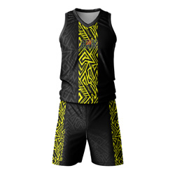 Hazard "Focus" Sublimated Twinset front view, showing the black and yellow abstract print vest and shorts on dry-fit Lycra Mesh.