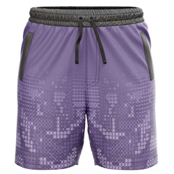 Haze Sublimated Shorts for men, front view, showing the Gymkhana logo and full purple mosaic print on 4-way stretch performance Lycra Mesh.