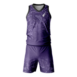 Haze "Believe" Sublimated Twinset front view, showing the purple mosaic print vest and shorts on dry-fit Lycra Mesh.