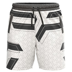 Kubic all over print Sublimated Shorts for men, front view, featuring a white, grey, and black geometric print and Gymkhana logo on dry-fit Lycra Mesh.