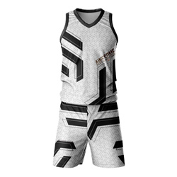 Kubic "Awesome" Sublimated Twinset front view, showing the white, grey, and black geometric print vest and shorts on dry-fit Lycra Mesh.