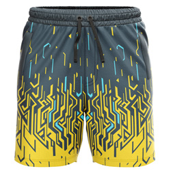 Labyrinth all over print Sublimated Shorts for men, front view, showing the Gymkhana logo and full yellow tech-print on 4-way stretch performance Lycra Mesh.