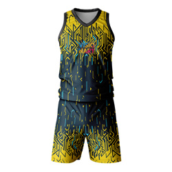 Labyrinth "Visionary" Sublimated Twinset front view, showing the yellow, blue, and black tech-print vest and shorts on dry-fit Lycra Mesh.
