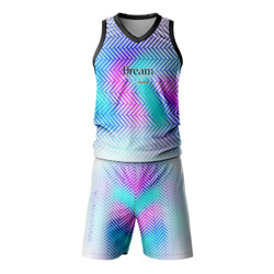 Lucid "Dream Gym Repeat" Sublimated Twinset front view, showing the vibrant blue, purple, and aqua geometric print vest and shorts on dry-fit Lycra Mesh.