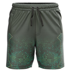 Mycelium all over print Sublimated Shorts for men, front view, in black with a green halftone dot gradient and gold piping on dry-fit Lycra Mesh.