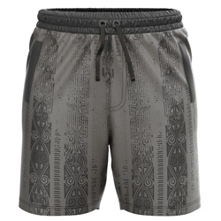 Onyx all over print Sublimated Shorts for men, front view, showing the Gymkhana logo and full tonal tribal print on 4-way stretch performance Lycra Mesh.