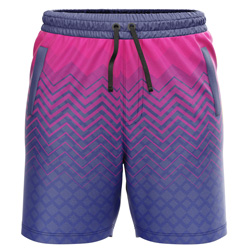 Pixel all over print Sublimated Shorts for men, back-side view, showing the Gymkhana logo and full chevron gradient on 4-way stretch performance Lycra Mesh.