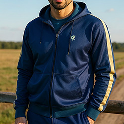 Close-up of Relay mens zip up hoodie pakistan logo and stripe