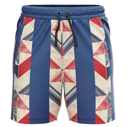 Rift all over print Sublimated Shorts for men, front view, featuring a blue, red, and cream geometric all-over print on dry-fit Lycra Mesh
