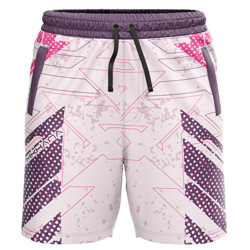 Rosado all over print Sublimated Shorts for men, front view, featuring a white base with a pink and purple abstract graphic and Gymkhana logo on dry-fit Lycra Mesh.