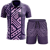 design of the Runic Polo and Shorts Set Pakistan (Polo and Shorts) with purple geometric design