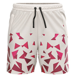 Rupture all over print Sublimated Shorts for men, front view, featuring a red and white geometric triangle gradient print on dry-fit Lycra Mesh.