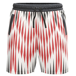 Staccato all over print Sublimated Shorts for men, front view, in white with a red and black vertical stripe all-over print on dry-fit Lycra Mesh.