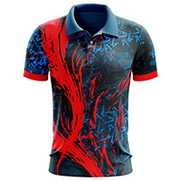 Adrenaline Sublimated Polo Shirt for men, front view, showcasing vibrant red, blue, and black all-over print on premium Lycra Mesh fabric, ideal for sports and casual wear.