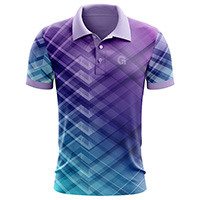 Echelon Sublimated Polo Shirt for men, front view, featuring a geometric purple and blue gradient all-over print on dry-fit Lycra Mesh fabric.